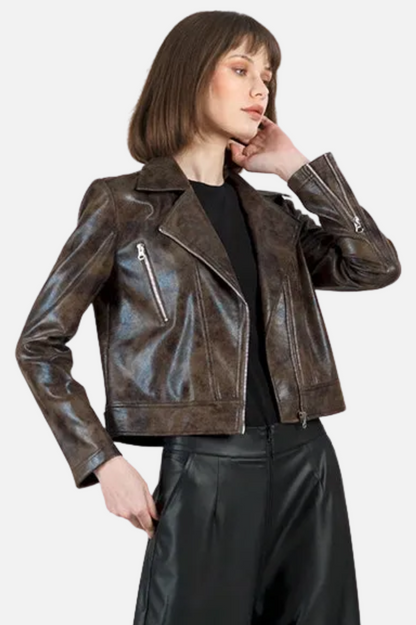 Distressed Moto Jacket - Brown Vegan Leather