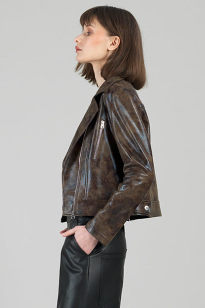 Distressed Moto Jacket - Brown Vegan Leather