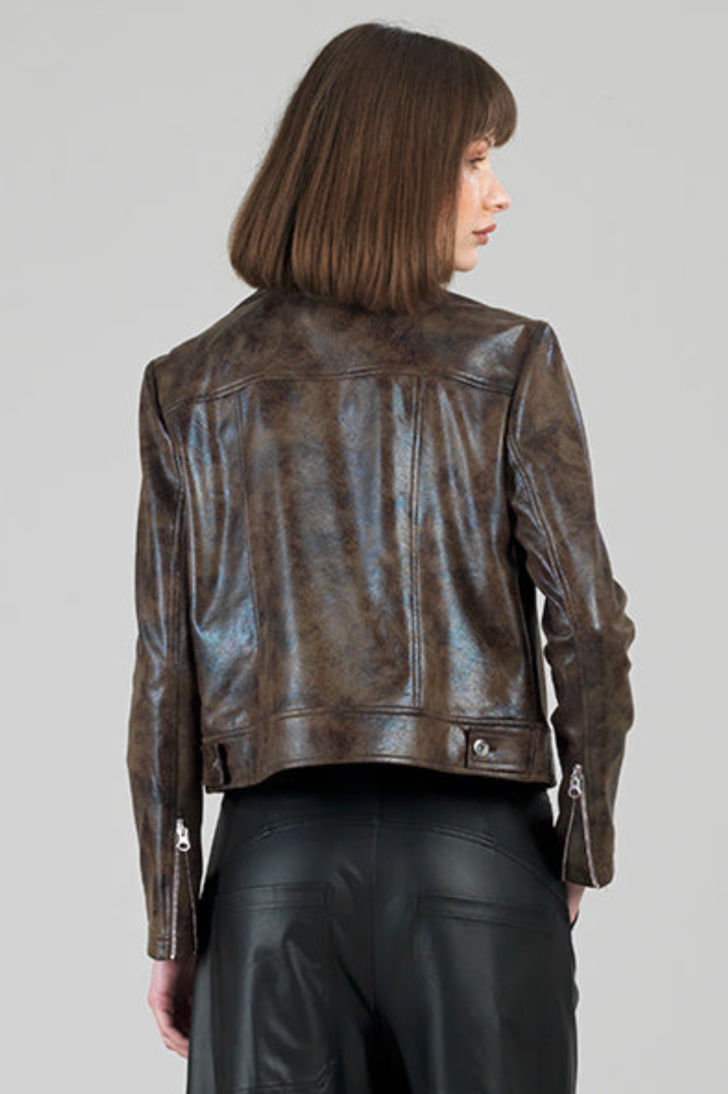 Distressed Moto Jacket - Brown Vegan Leather