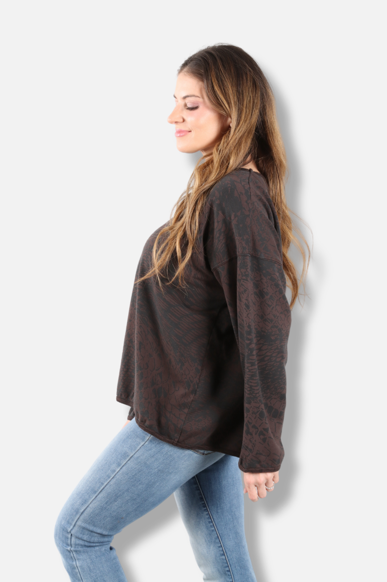 Stretch Terry Sweatshirt - Dark Chocolate Pebbles Print