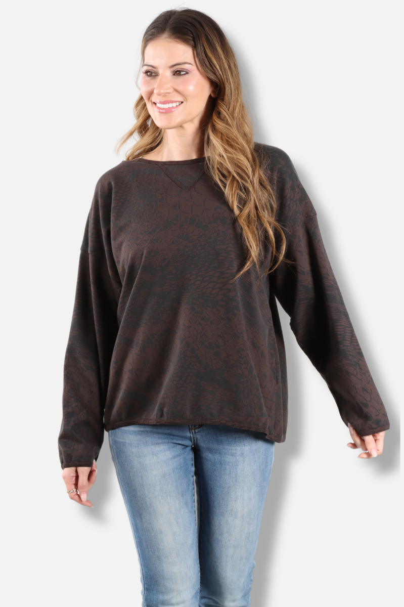 Stretch Terry Sweatshirt - Dark Chocolate Pebbles Print