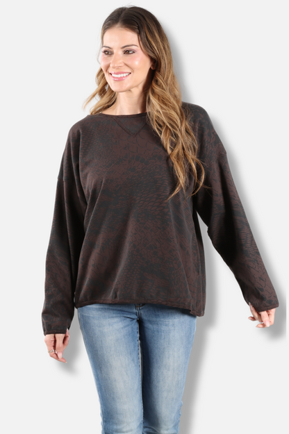 Stretch Terry Sweatshirt - Dark Chocolate Pebbles Print