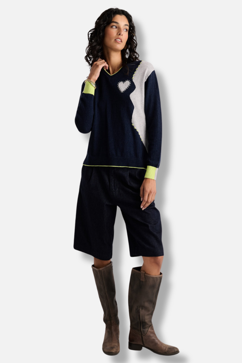 Threaded With Love V-Neck Sweater - Dark Denim
