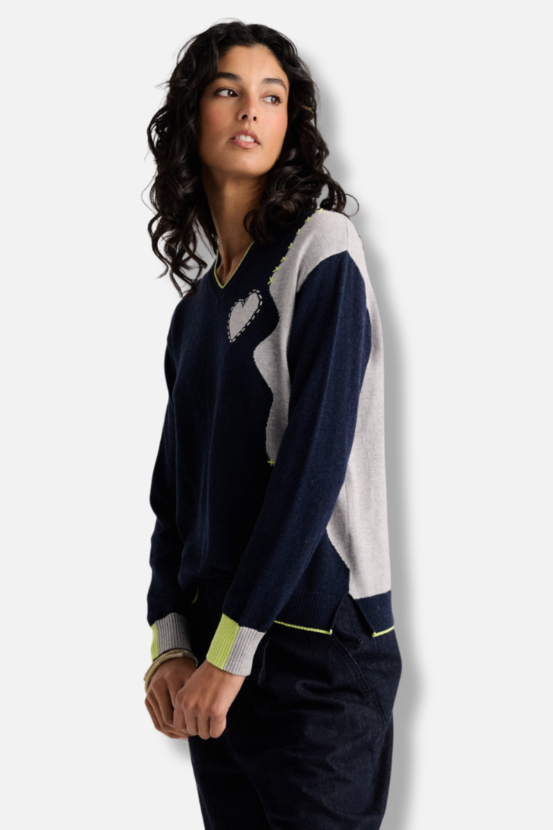 Threaded With Love V-Neck Sweater - Dark Denim