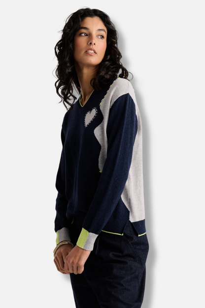 Threaded With Love V-Neck Sweater - Dark Denim