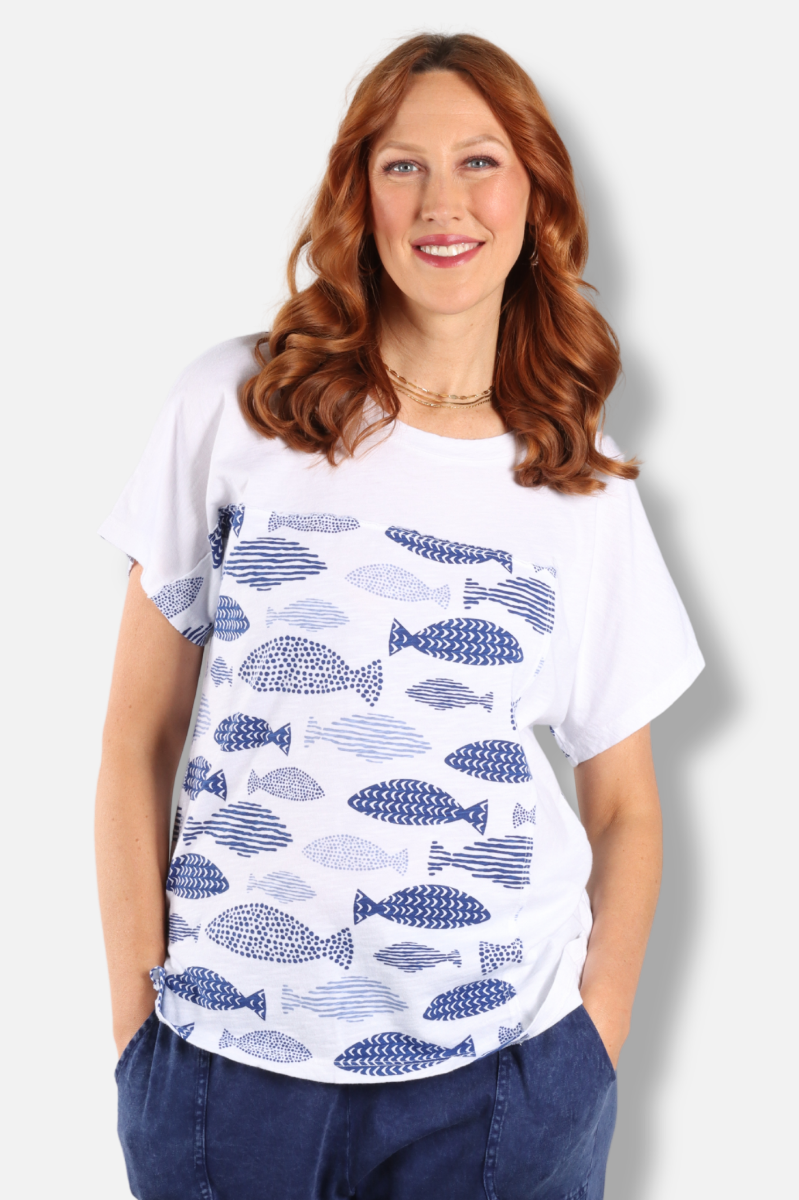 Short Sleeve Drift Top - White Finny Print 