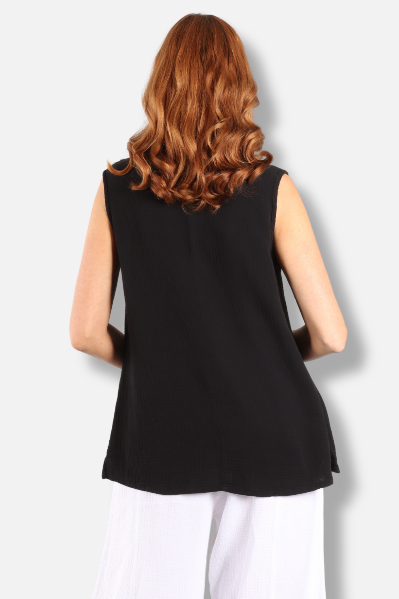 Gauze Scoop Neck Tank - Black