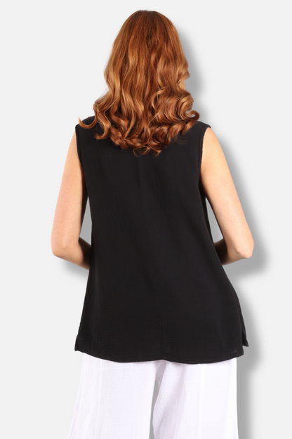 Gauze Scoop Neck Tank - Black