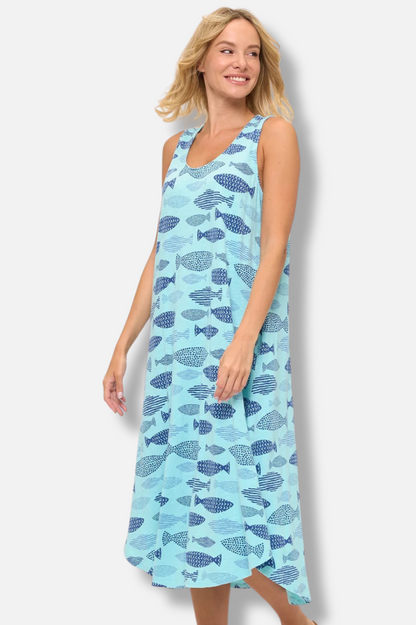 Long Pocket Tank Dress - Tidepool Finny Print 