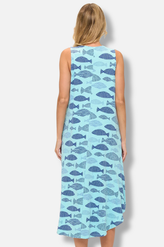 Long Pocket Tank Dress - Tidepool Finny Print 