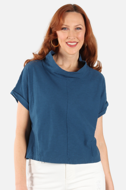 Fawbush's Only! Roll Sleeve Cowl Top - Naval