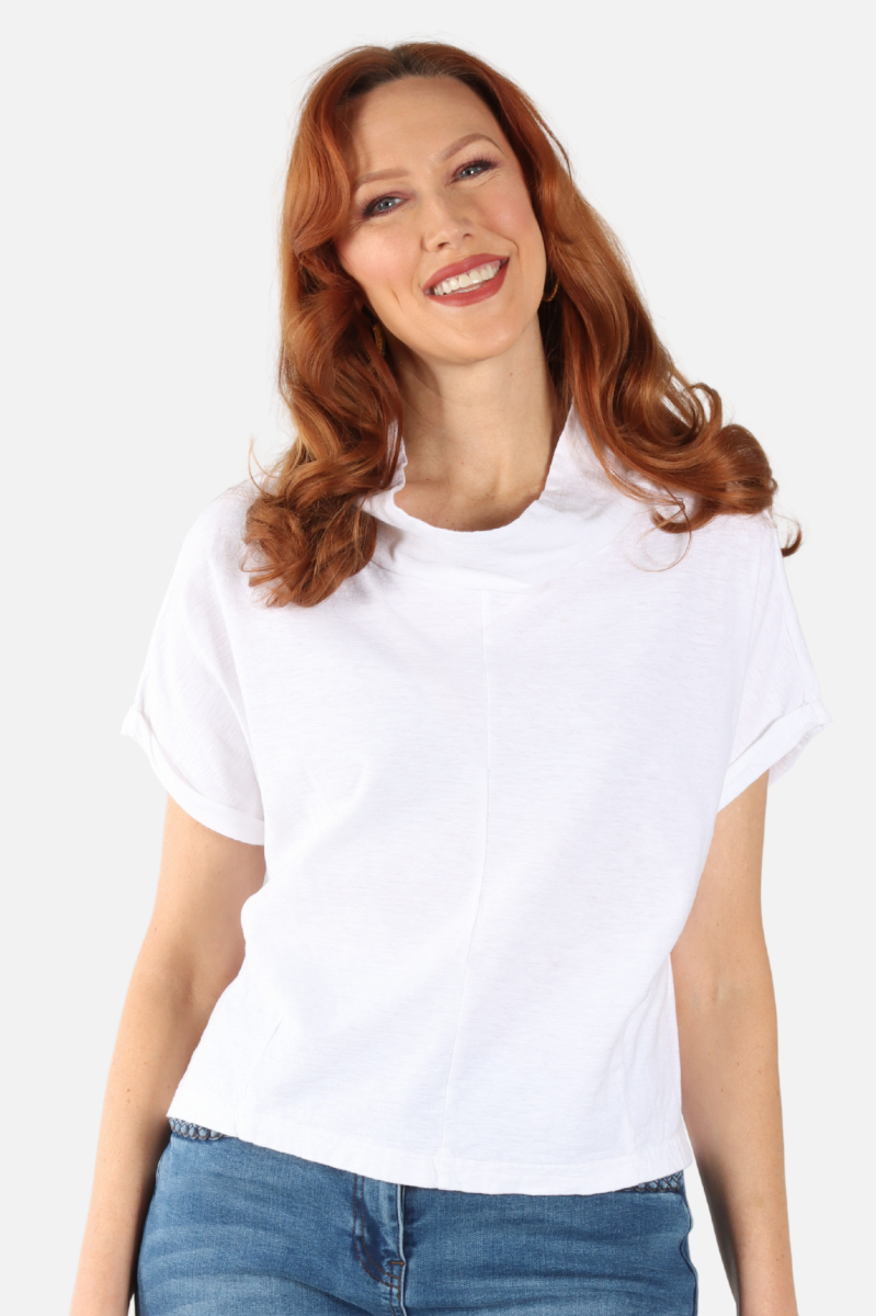 Fawbush's Only! Roll Sleeve Cowl Top - White