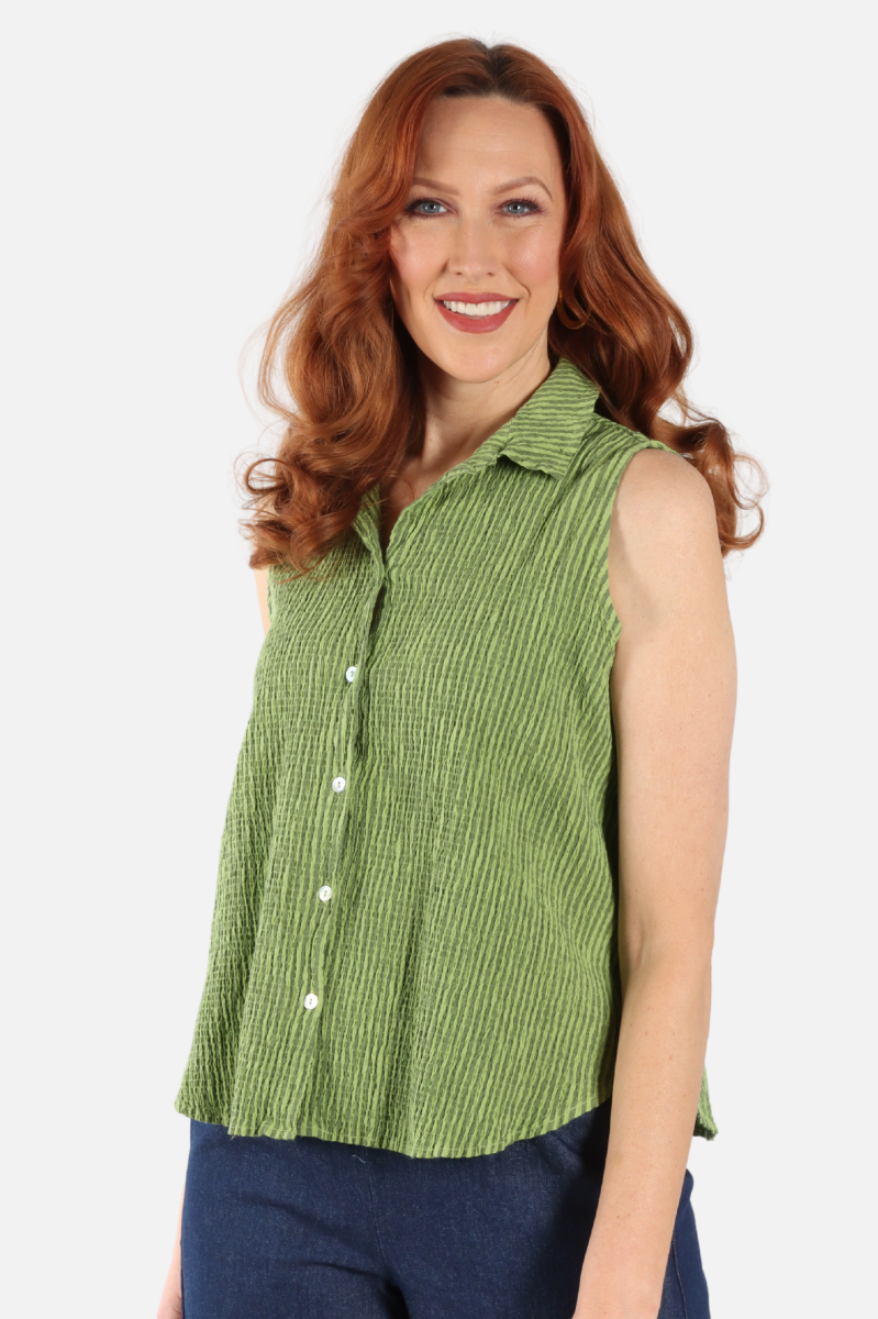 Sleeveless Shirt - Verde Stripe Crinkle