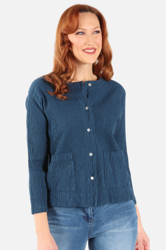 3/4 Sleeve Cropped Jacket - Naval Stripe Crinkle