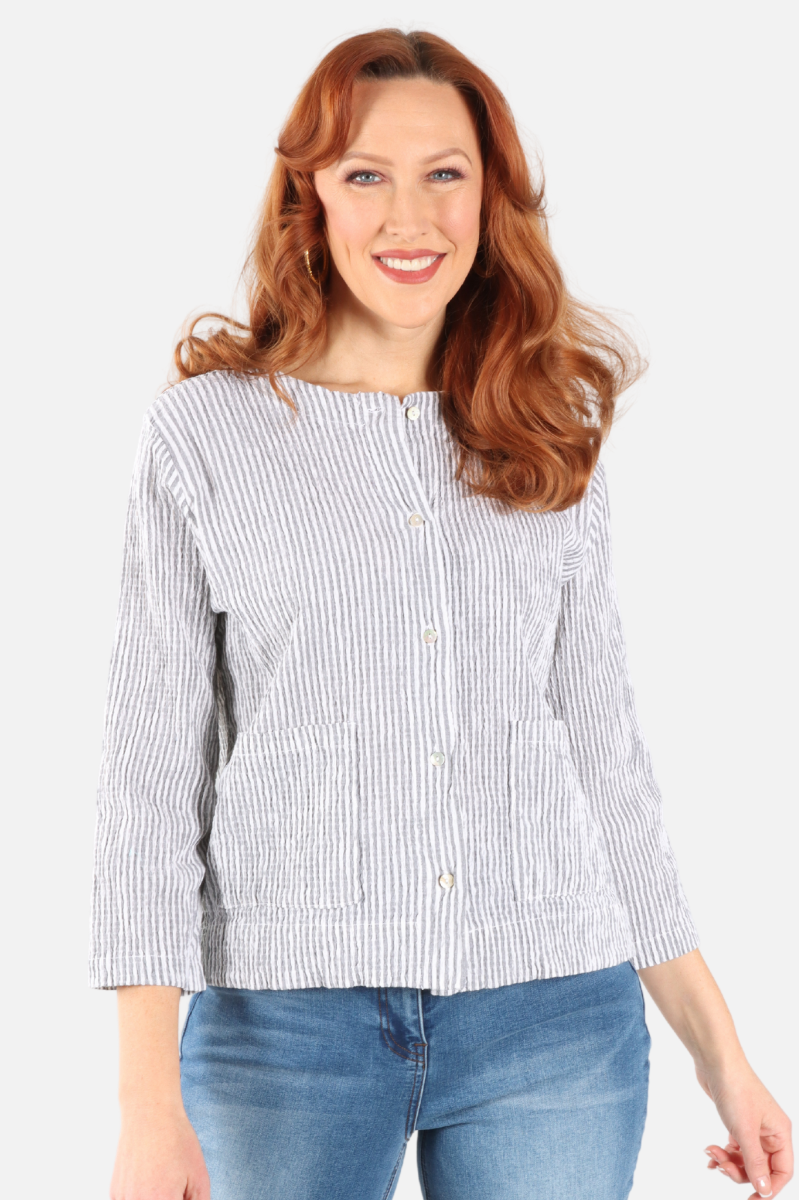 3/4 Sleeve Cropped Jacket - White Stripe