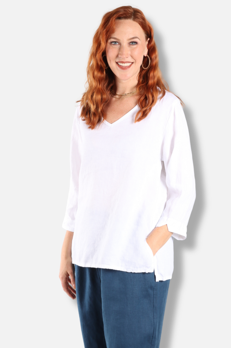 Aline V-Neck Top - White Linen
