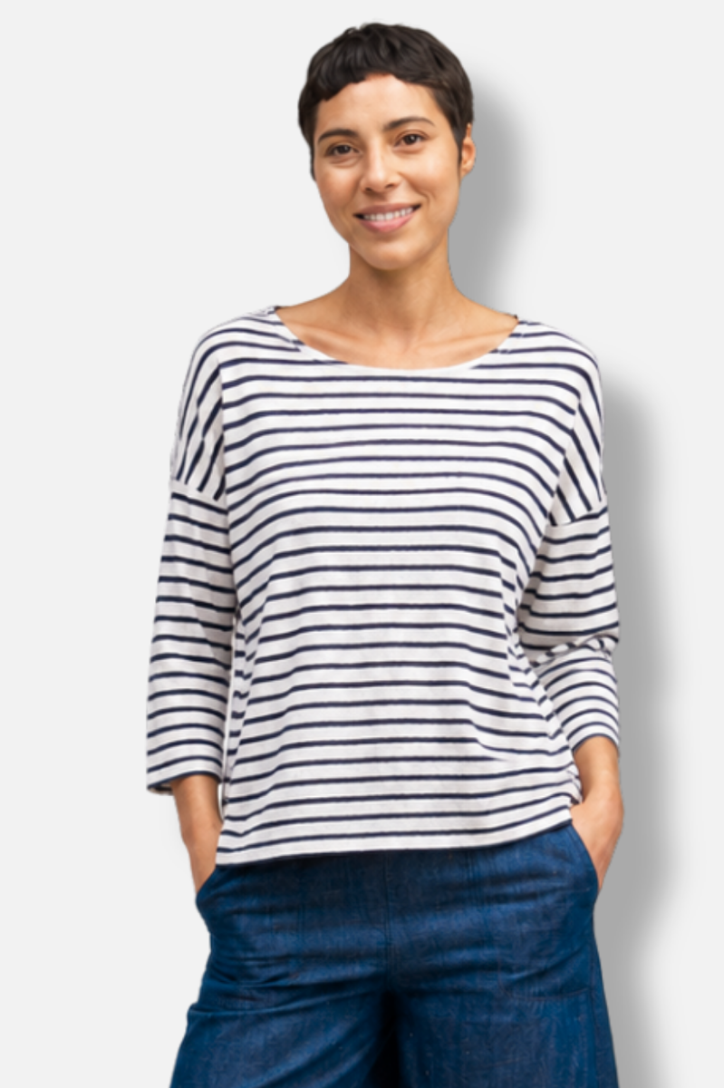 3/4 Sleeve Boatneck Top - Laundered Stripe 