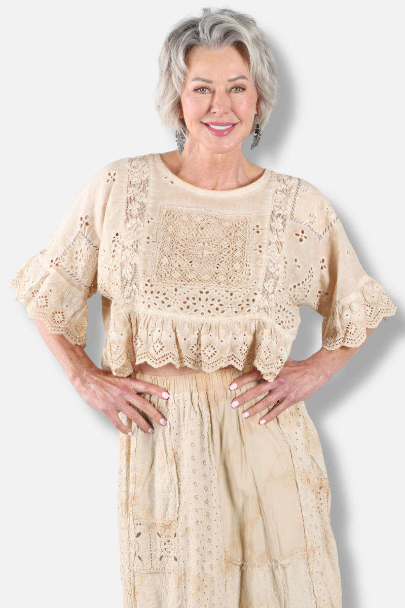 Softly Worn Eyelet Top - Oatmeal