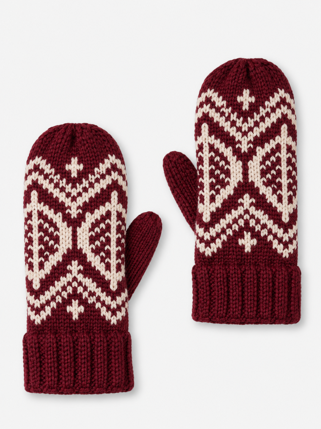 Winter Knit Mittens - Wine & Beige Patterned