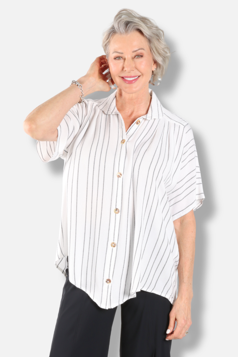 Round Collar Top - White Stripe