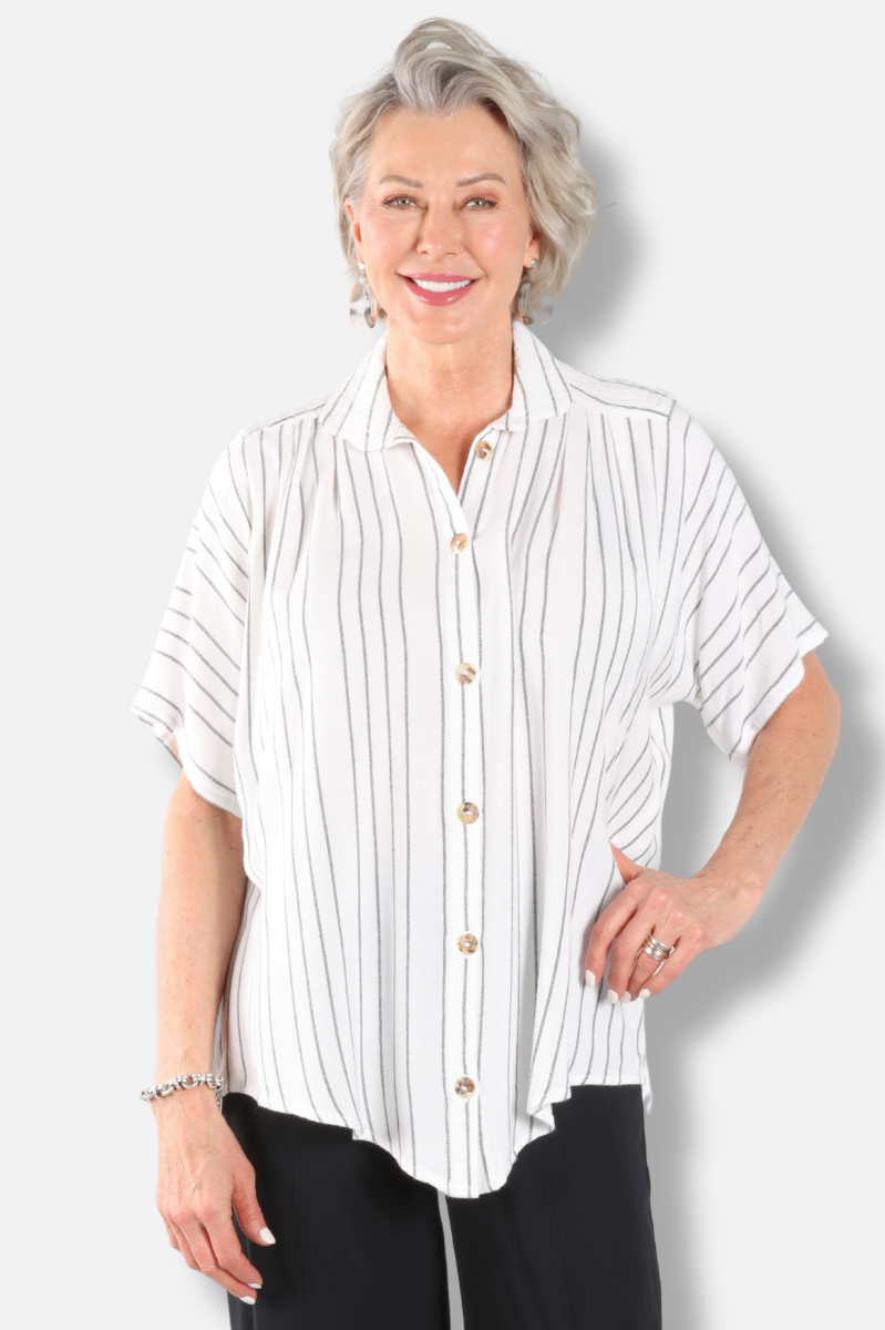 Round Collar Top - White Stripe