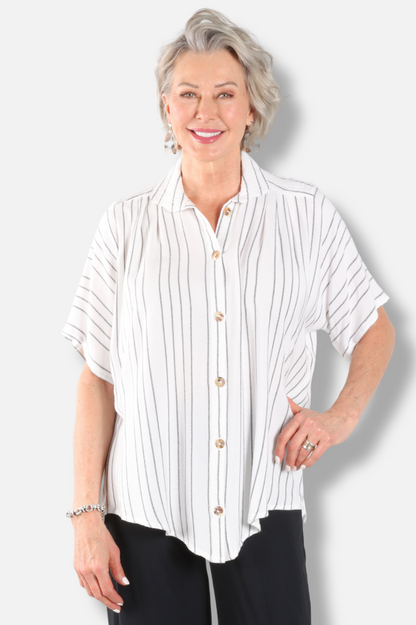 Round Collar Top - White Stripe