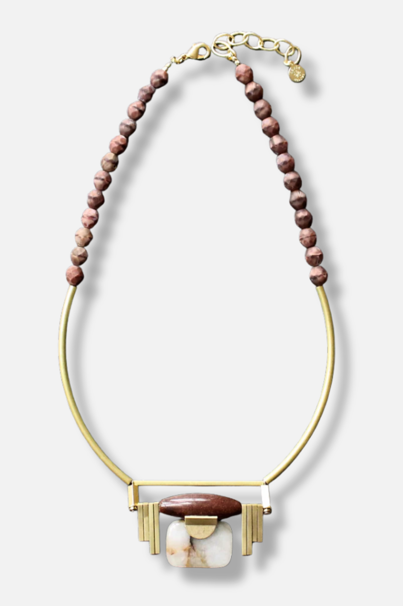 Burgundy Pendant Necklace - Gold 
