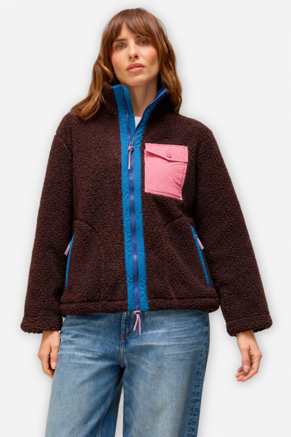 Borg Sherpa Zip Jacket - Brown Multi