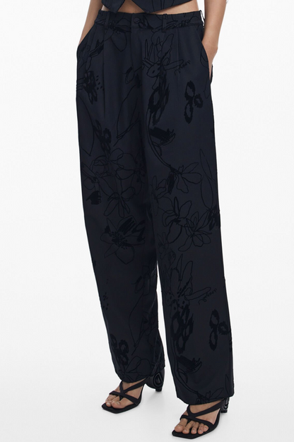 Flocked Floral Pant - Black