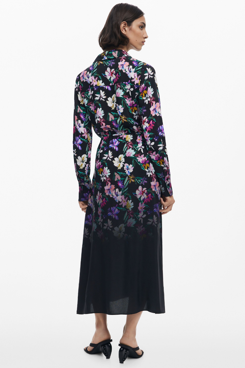 Gradient Floral Shirt Dress - Black Multi