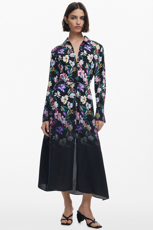 Gradient Floral Shirt Dress - Black Multi