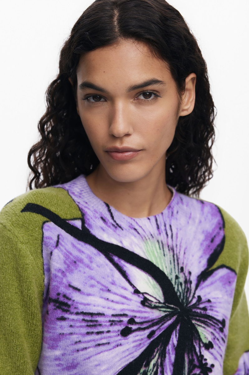 Floral Print Crew - Green & Purple