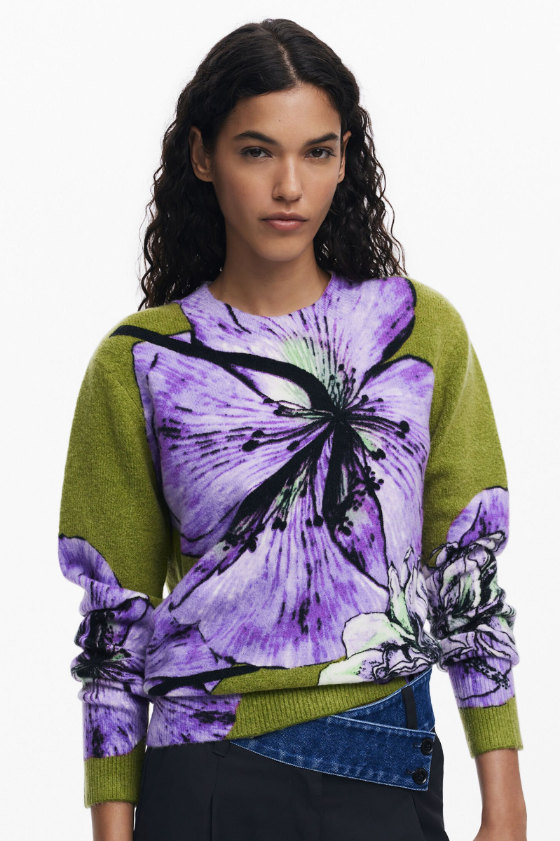 Floral Print Crew - Green & Purple
