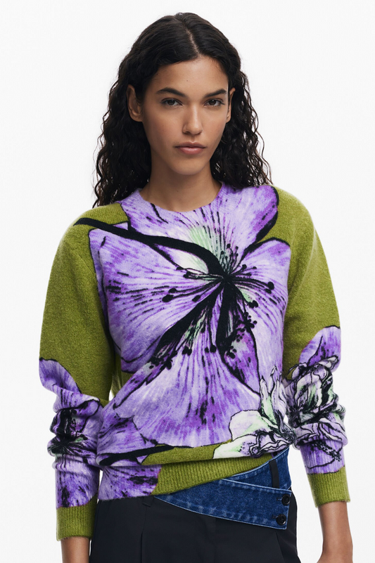 Floral Print Crew - Green & Purple
