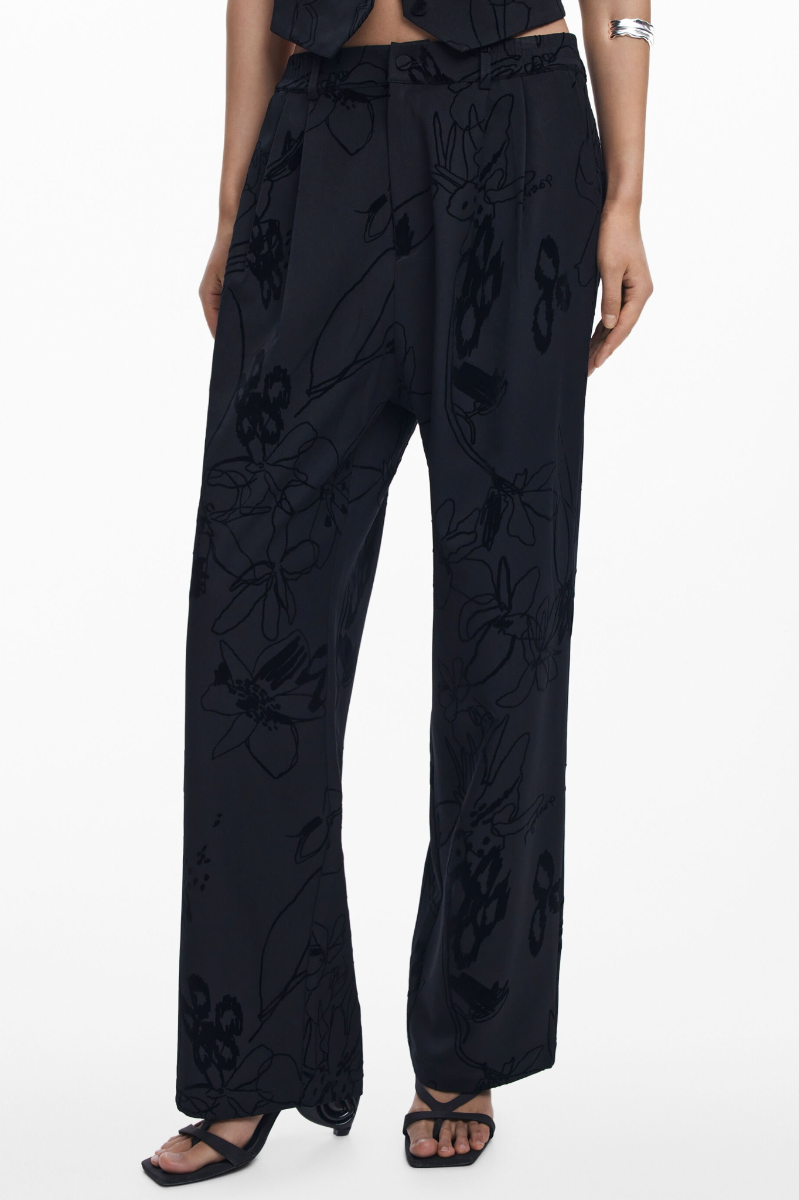 Flocked Floral Pant - Black