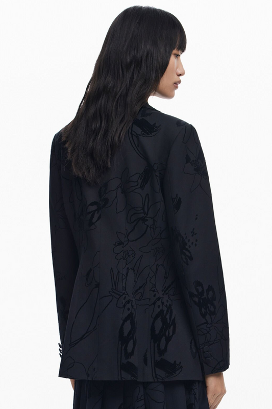 Flocked Floral Blazer - Black