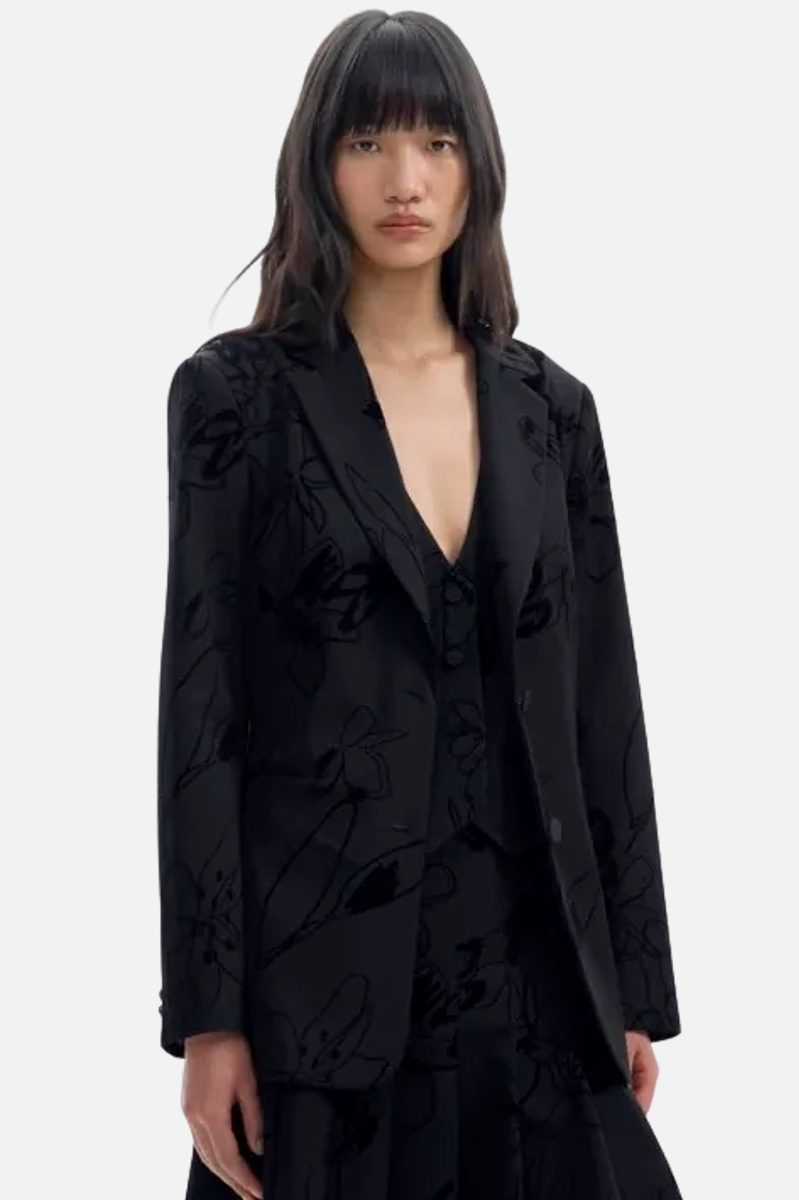 Flocked Floral Blazer - Black