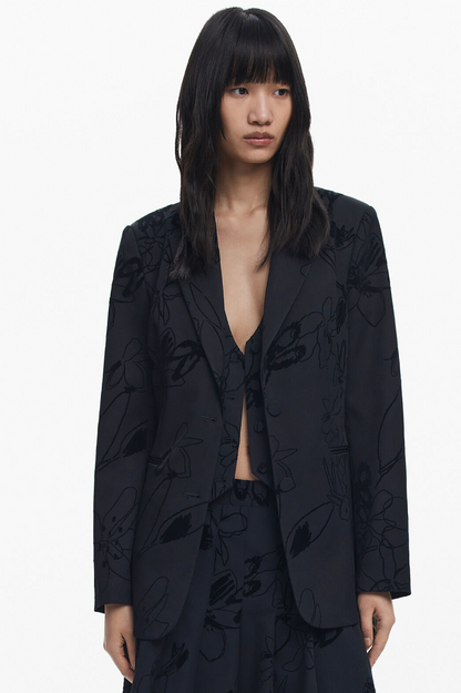 Flocked Floral Blazer - Black