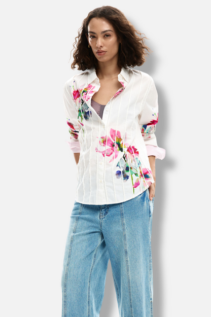 Pleated Floral Shirt - White