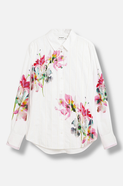 Pleated Floral Shirt - White