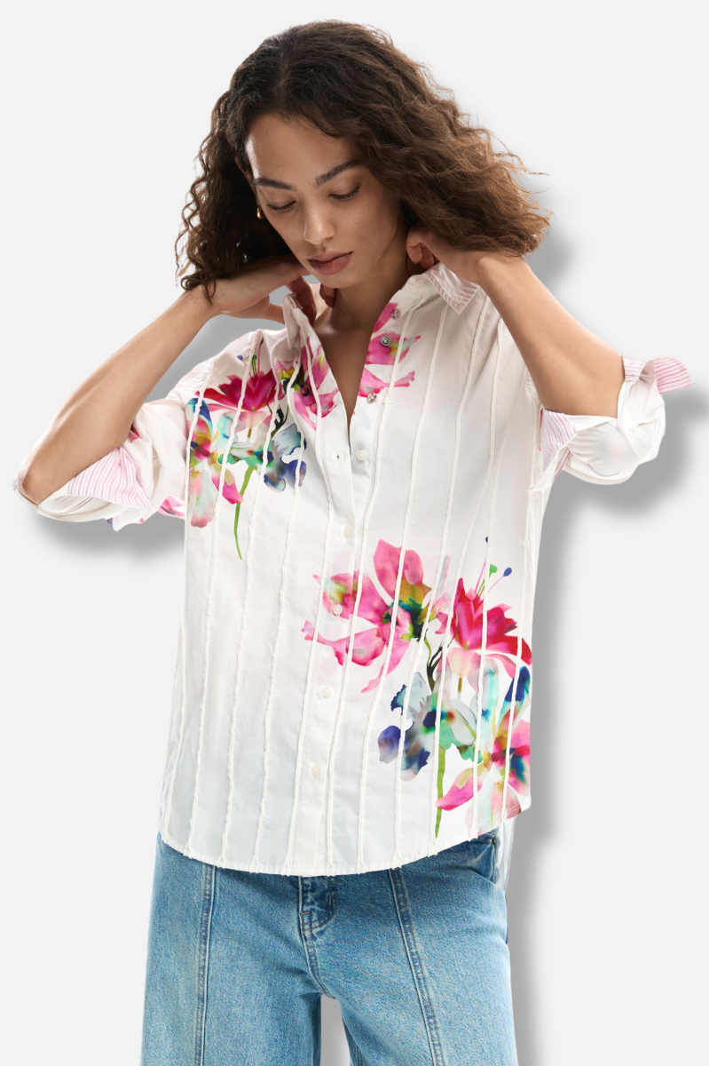 Pleated Floral Shirt - White