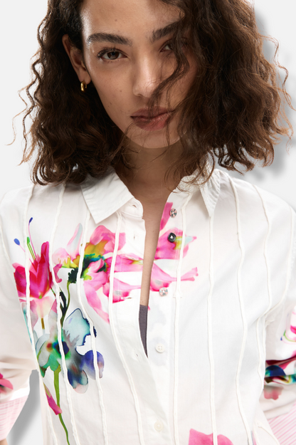 Pleated Floral Shirt - White