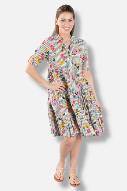 July Dress - Flowers & Stripes