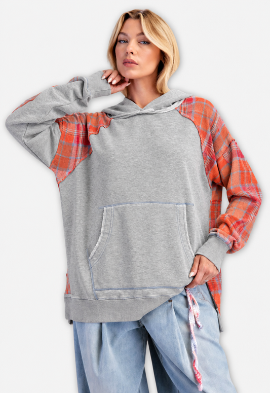 Plaid Mix Terry Hooded Pullover - Heather Gray