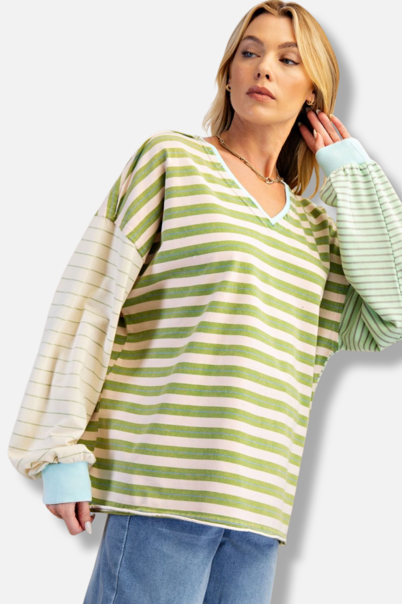 Stripe Terry Pullover - Sage