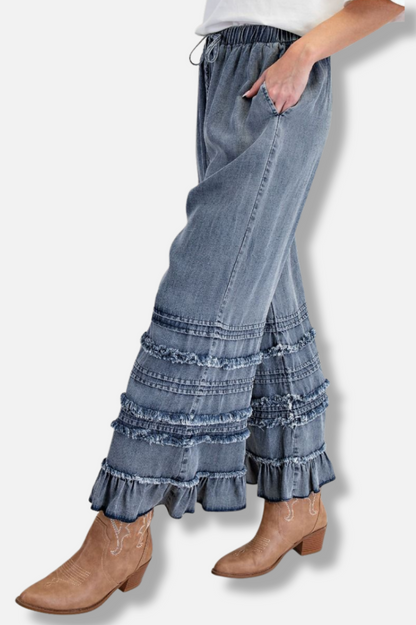 Fray Ruffle Pant - Dark Denim