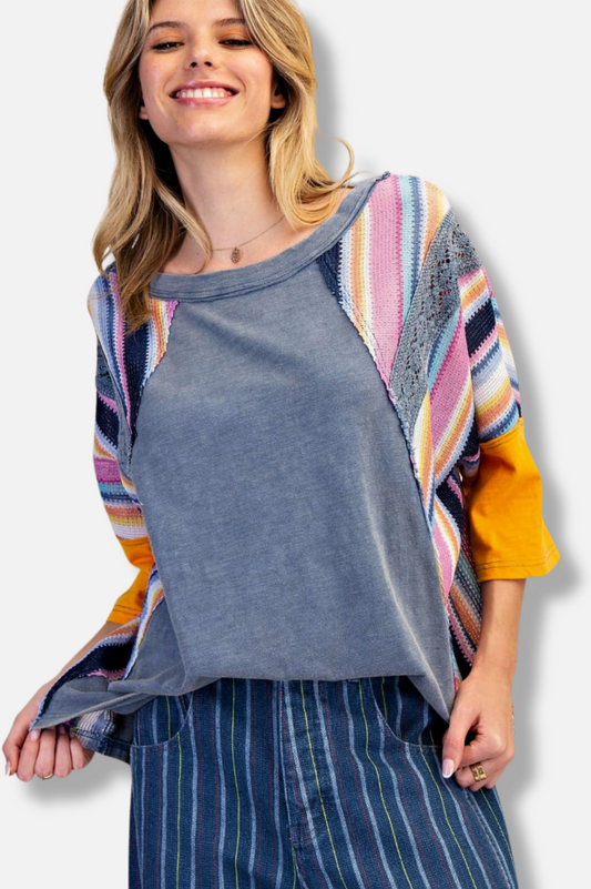 Crochet Detail Top - Faded Denim