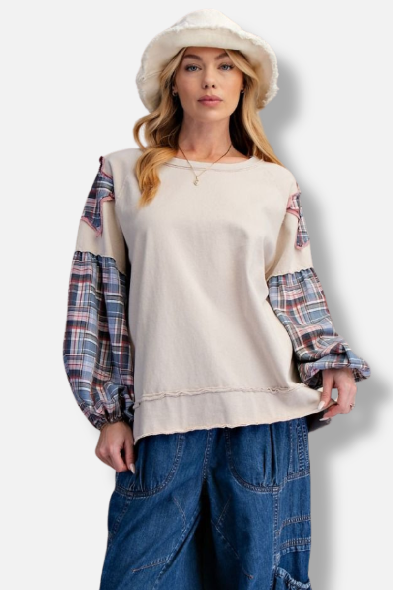Plaid Sleeve Pullover - Ecru 