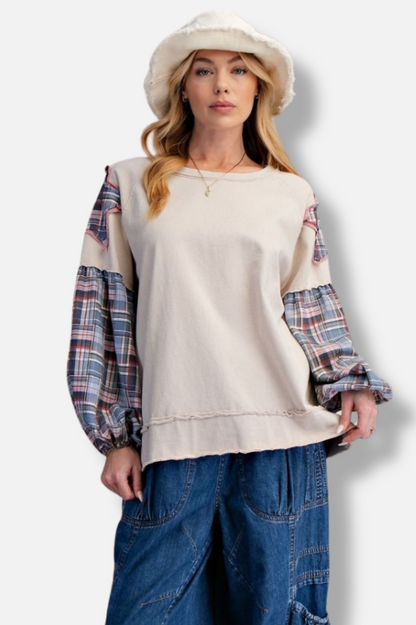 Plaid Sleeve Pullover - Ecru 
