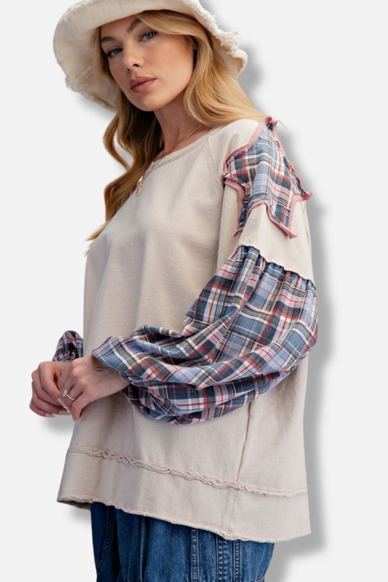 Plaid Sleeve Pullover - Ecru 